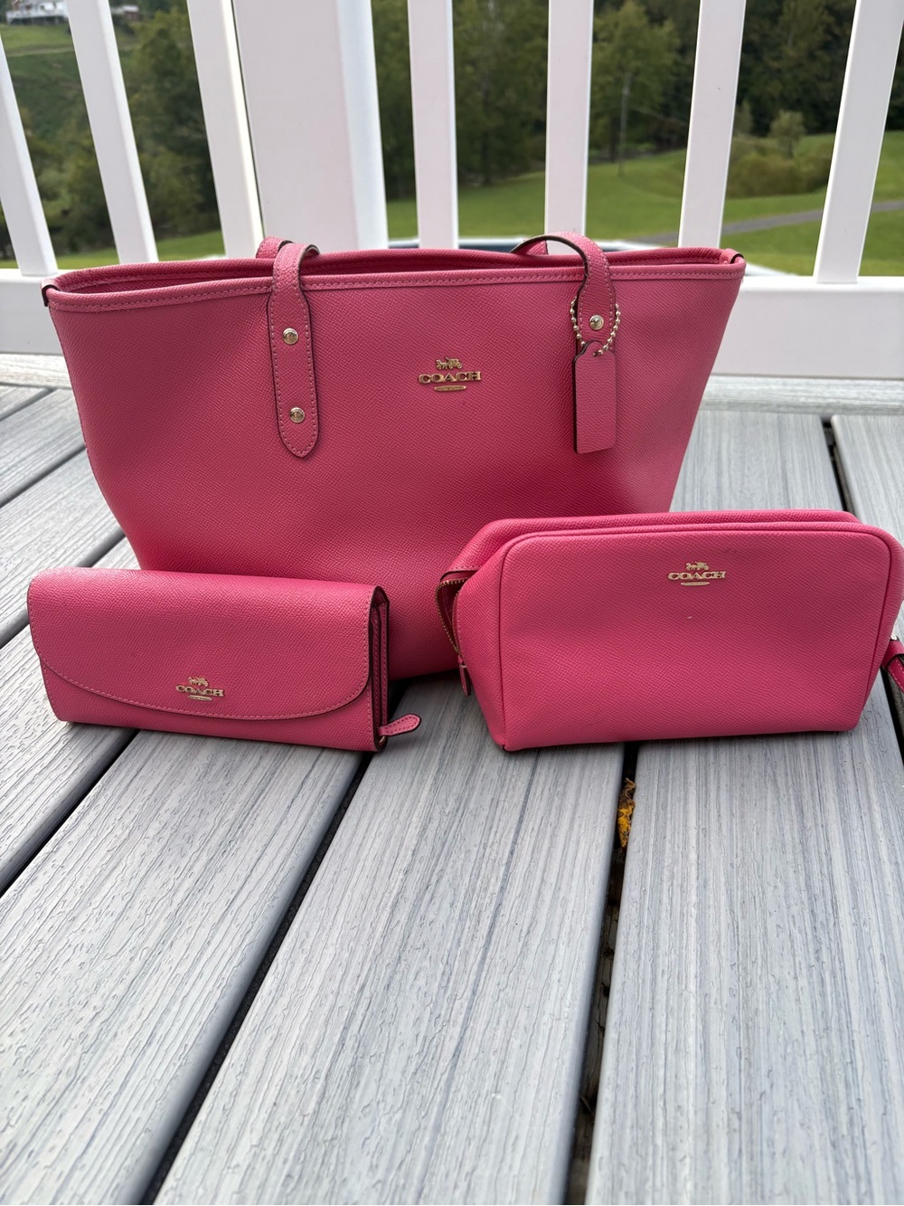 Coach Pink Leather Tote with Matching Wallet and Cosmetic Pouch